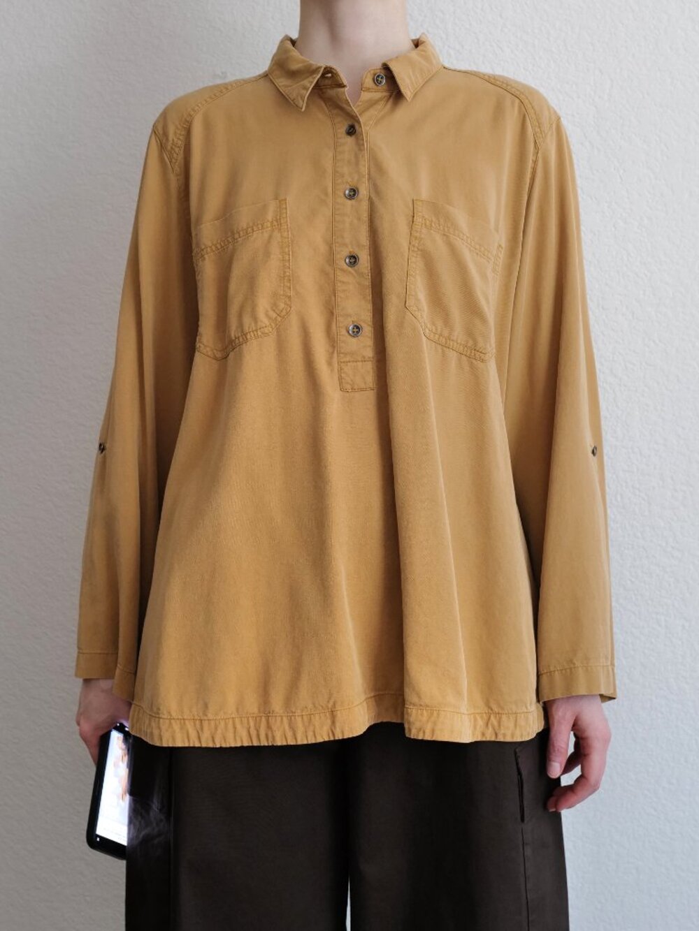 Multiples 100% Lyocell Long Sleeve Mustard Button-Up Lagenlook Blouse Oversized